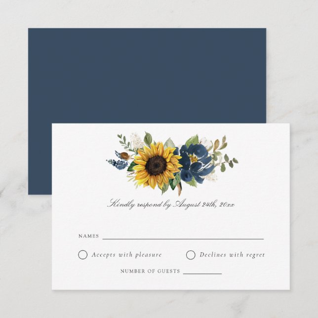 Sunflowers Navy Blue Flowers Rustic Wedding RSVP Invitation (Front/Back)