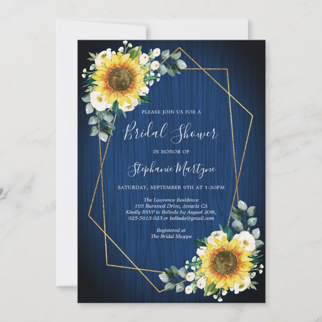 Sunflowers Navy Blue Geometric Bridal Shower Invitation (Front)