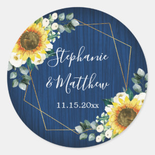 Sunflowers Navy Blue Geometric Wedding Classic Round Sticker