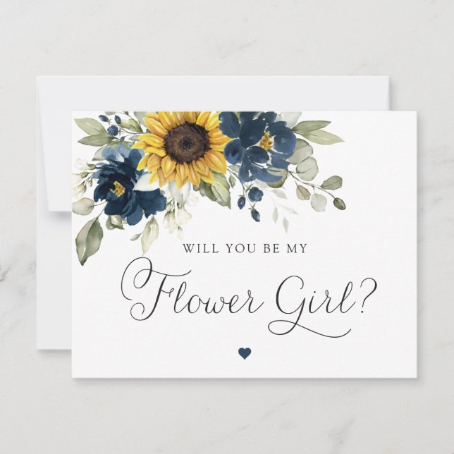 Sunflowers Navy Blue Greenery Flower Girl Wedding Invitation (Front)