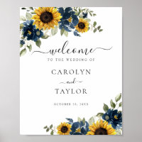 Sunflowers Navy Blue Greenery Wedding Welcome Sign