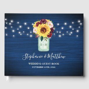 Sunflowers Navy Blue Mason Jar Lights Wedding Guest Book