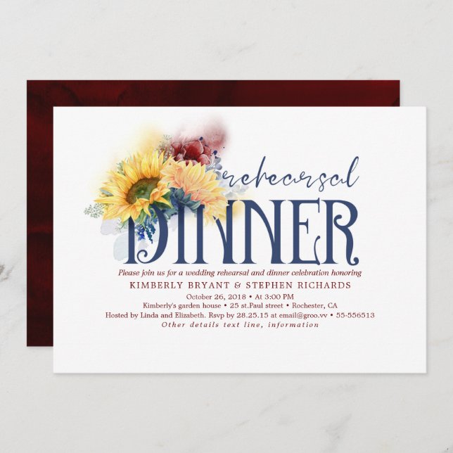 Sunflowers Navy Blue Red Fall Rehearsal Dinner Invitation (Front/Back)