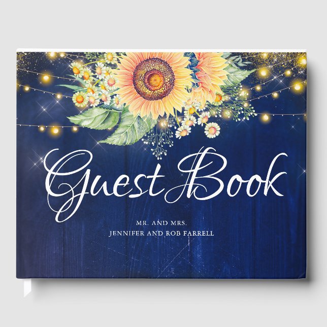 Sunflowers Navy Blue Rustic Fall Wedding Guest Book (Front)