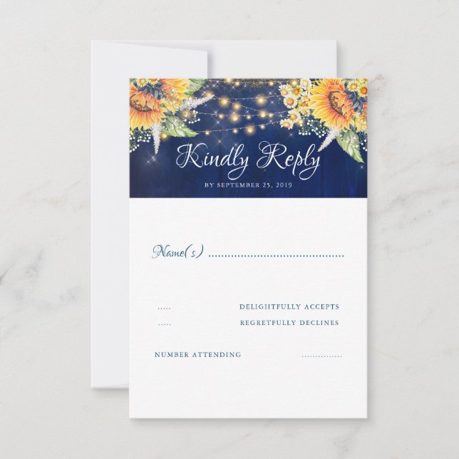 Sunflowers Navy Blue Rustic Wedding RSVP (Front)