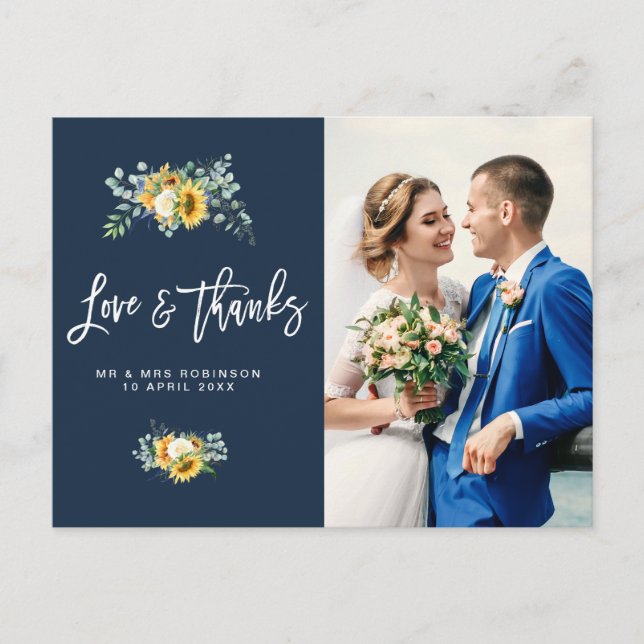 sunflowers navy blue wedding thank you photo card (Front)