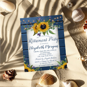 Sunflowers Navy Blue Wood Retirement Invitation