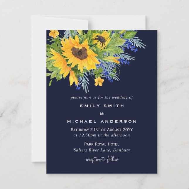 Sunflowers Navy Blue Yellow Wedding Invtiations Holiday Card (Front)