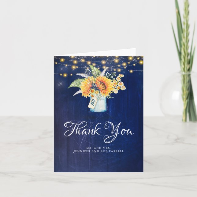 Sunflowers Navy Rustic Country Wedding Thank You (Front)