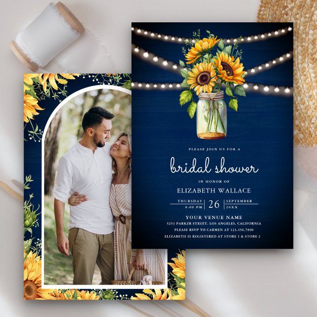 Sunflowers Navy Wood Mason Jar Photo Bridal Shower Invitation (Creator Uploaded)
