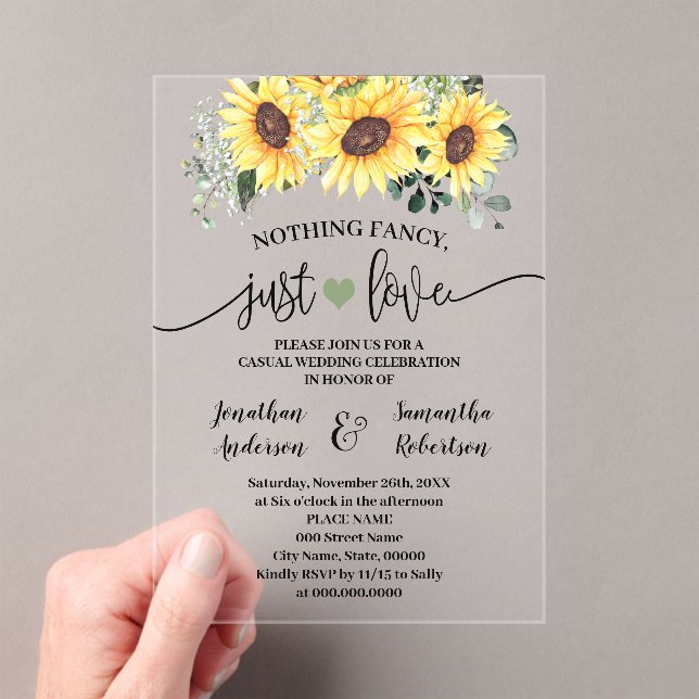 Sunflowers Nothing Fancy Just Love Elopement Acrylic Invitations (Insitu (Handheld))