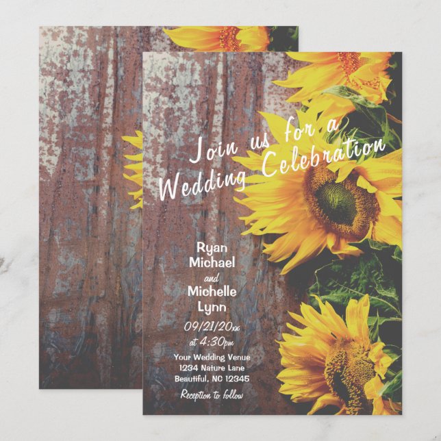 Sunflowers on Barn Wood Rustic Country Wedding Invitation (Front/Back)