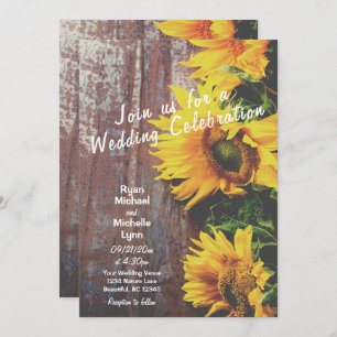 Sunflowers on Barn Wood Rustic Country Wedding Invitation
