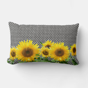 Sunflowers on black and white chess pattern lumbar cushion