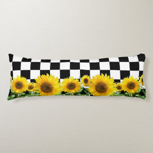 Sunflowers on Black White Chess Board Pattern Body Cushion
