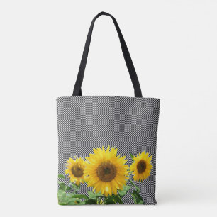 Sunflowers on black & white chess pattern tote bag