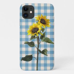 Sunflowers on blue and white checked iPhone 11 case