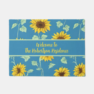 Sunflowers on Blue Background Welcome  Doormat