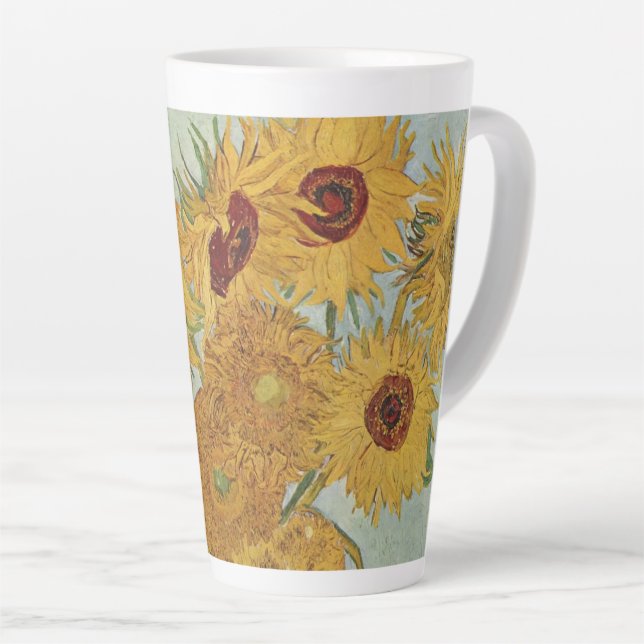 Sunflowers(on blue)-Vincent van Gogh Latte Mug (Right Angle)