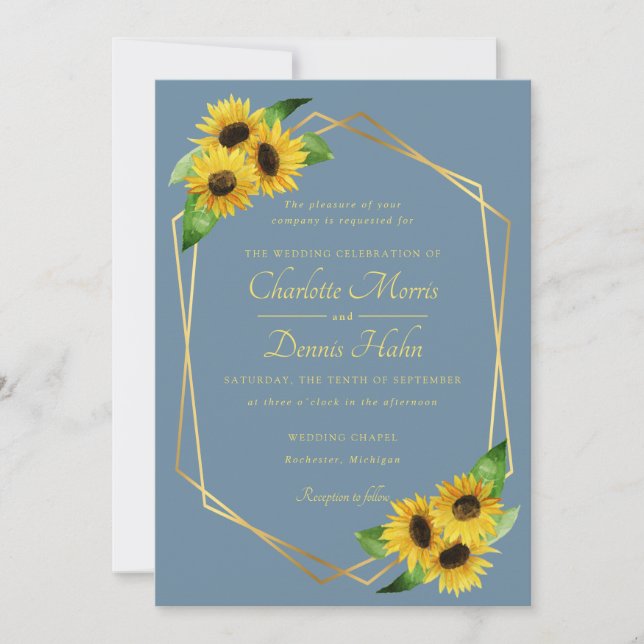 Sunflowers on blush blue wedding invitation (Front)