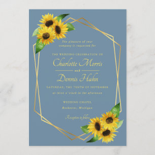 Sunflowers on blush blue wedding invitation