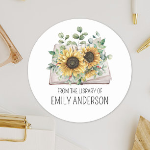 Sunflowers on Book From the Library of Bookplate Classic Round Sticker