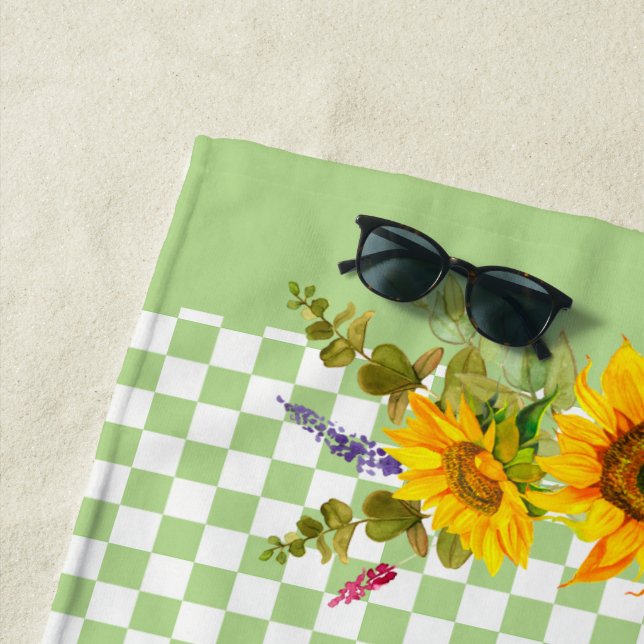 Sunflowers on Chequerboard  Beach Towel (In Situ)