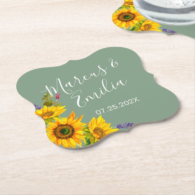 Sunflowers on Green Wedding  Paper Coaster (Angled)