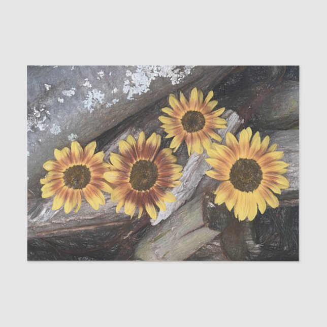 Sunflowers On Logs Yellow Vintage Rustic Tissue Paper (Front)