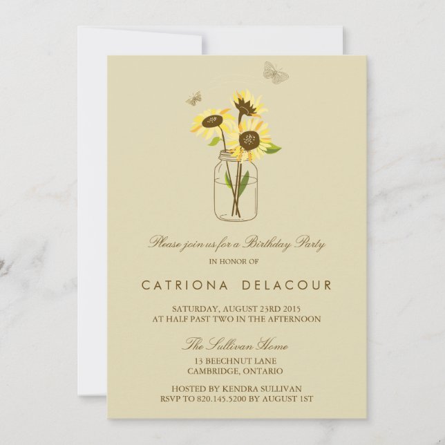 Sunflowers on Mason Jar Birthday Party Invitation (Front)