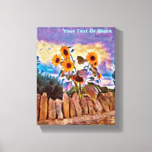 Sunflowers On Rock Wall Canvas Print