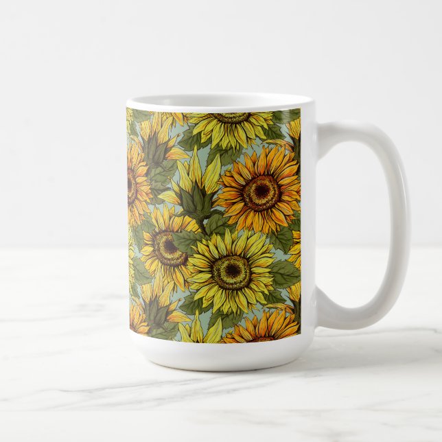 Sunflowers on Sage Background Foliage Orange Yello Coffee Mug (Right)
