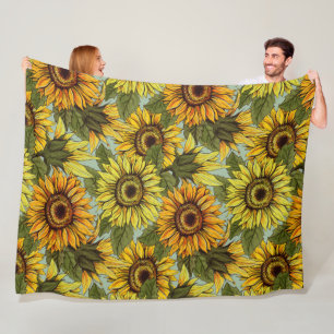 Sunflowers on Sage Background Foliage Orange Yello Fleece Blanket