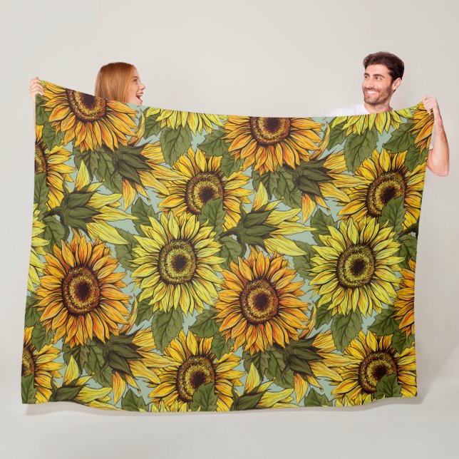 Sunflowers on Sage Background Foliage Orange Yello Fleece Blanket (In Situ)