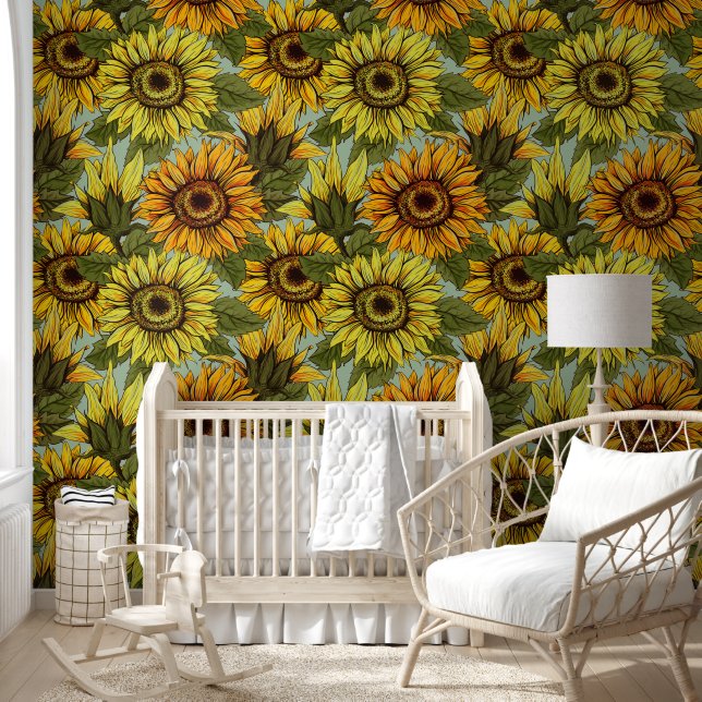 Sunflowers on Sage Background Foliage Orange Yello Wallpaper (Kids)