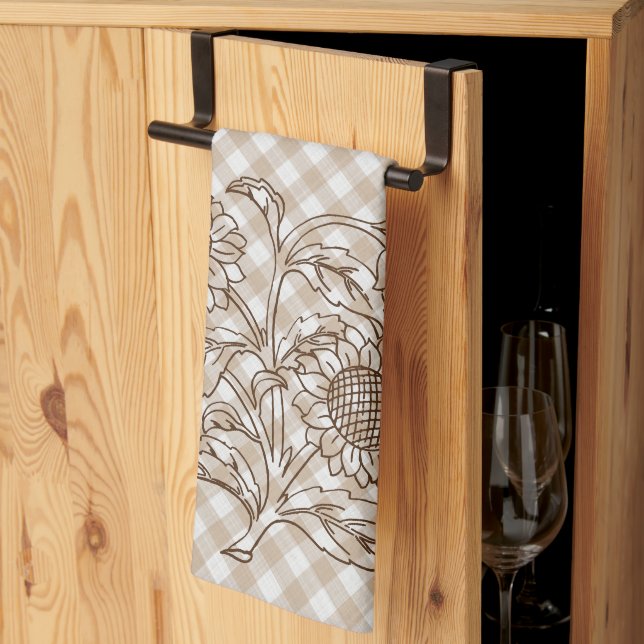 Sunflowers On Tan Beige Brown Gingham Pattern Tea Towel (Thirds Fold)