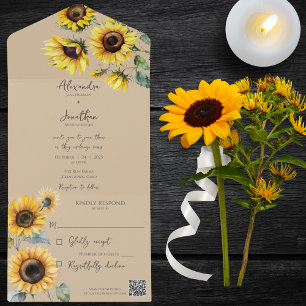 Sunflowers on Tan QR Code All In One Invitation