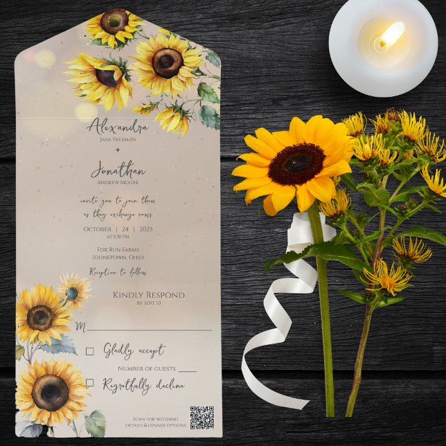 Sunflowers on Taupe with Light Effects QR Code  All In One Invitation (Creator Uploaded)