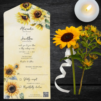 Sunflowers on Watercolor Gold with QR Code  All In One Invitation