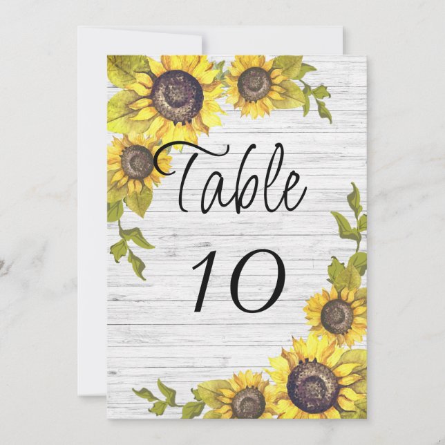 Sunflowers on white woodWedding table number (Front)