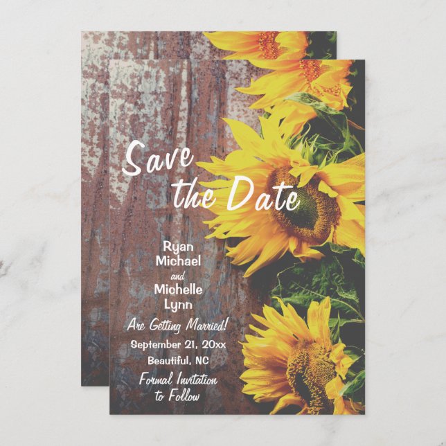 Sunflowers on Wood Rustic Save the Date Wedding Invitation (Front/Back)