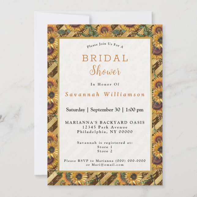 Sunflowers Orange Yellow Bees Stripe Bridal Shower Invitation (Front)
