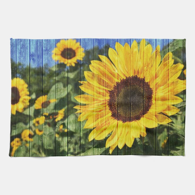 Sunflowers Painted Fence Tea Towel (Horizontal)