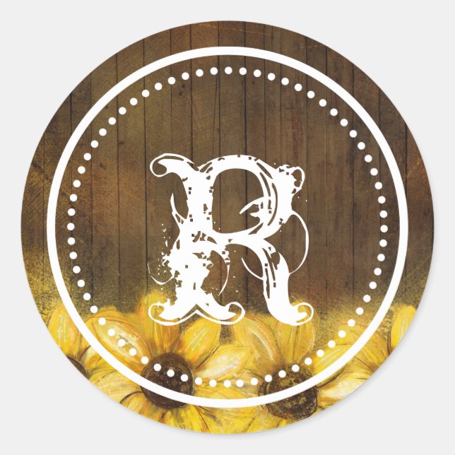 Sunflowers Painted on Wood | Monogram Wedding Classic Round Sticker (Front)