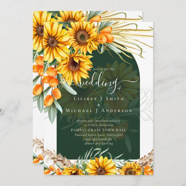 Sunflowers Pampas Grass Emerald Green BOHO Wedding Invitation (Front/Back)