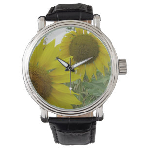 Sunflowers Photo Custom Black Vintage Leather Watch
