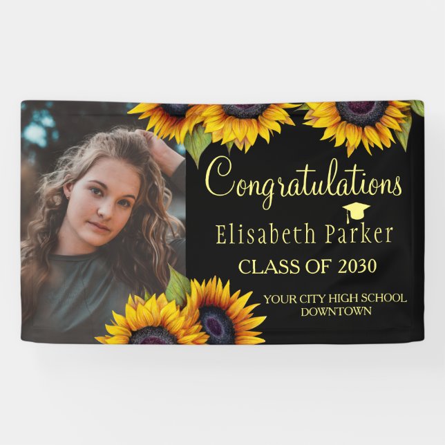 Sunflowers PHOTO gold graduation congratulations Banner (Horizontal)