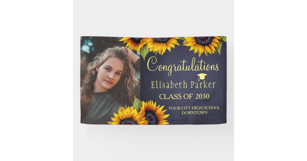 Sunflowers PHOTO gold graduation congratulations Banner | Zazzle