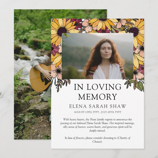 Sunflowers Photo In Loving Memory Announcement (Front/Back)