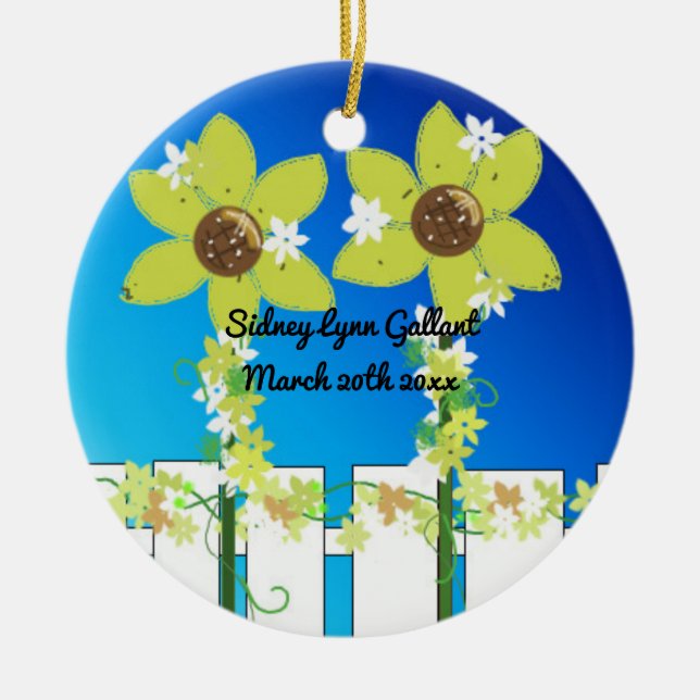 Sunflowers Picket Fence First Christmas Ceramic Tree Decoration (Front)